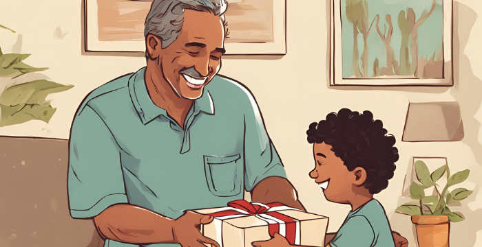 A child is handing a Father's Day gift to his father