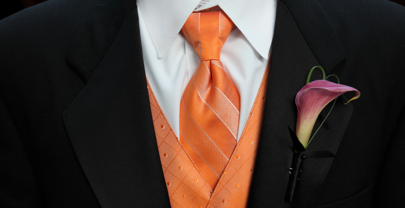 men wearing Black Suit Orange Necktie
