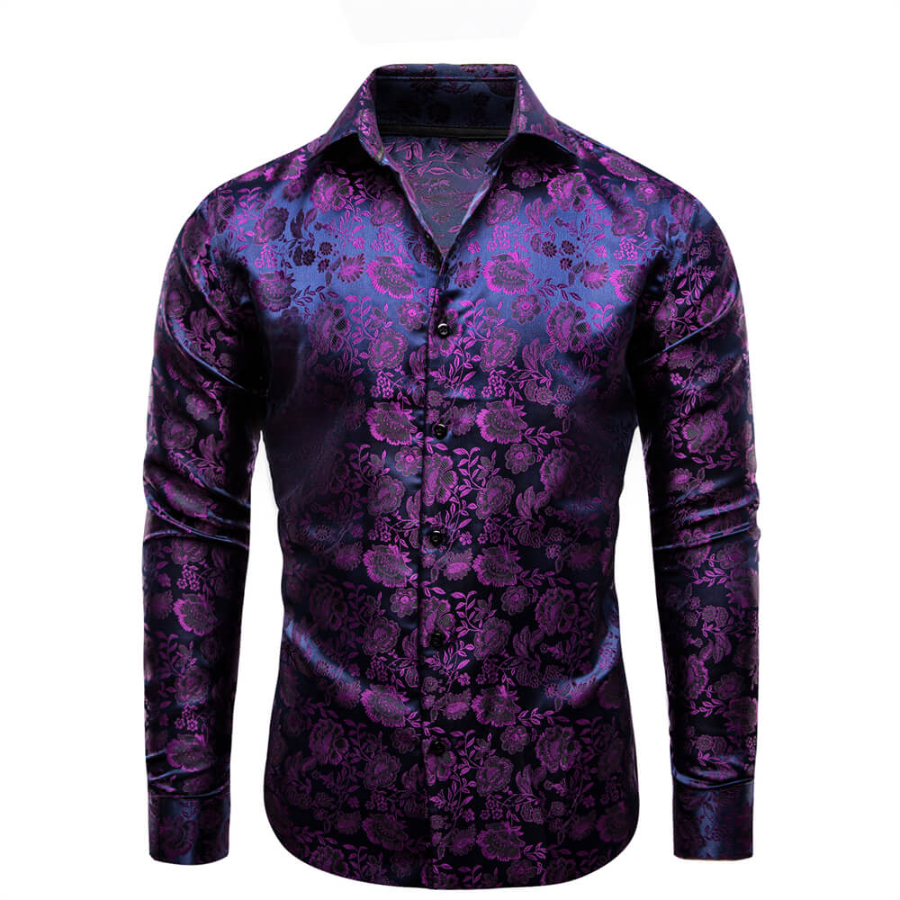  Dark Purple Shirt Black Floral Men's Top Long Sleeve Shirt
