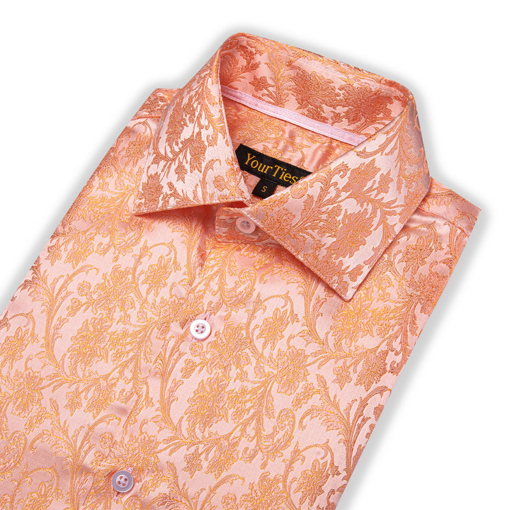  Dress Shirt Orange Floral Jacquard Men's Long Sleeve Shirt