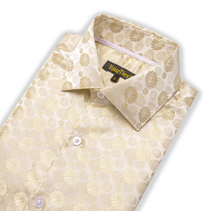 Champagne Shirt Beige Floral Men's Long Sleeve Dress Shirt