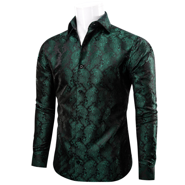 Dark Green Shirt Black Men's Long Sleeve Windsor Collar Shirt