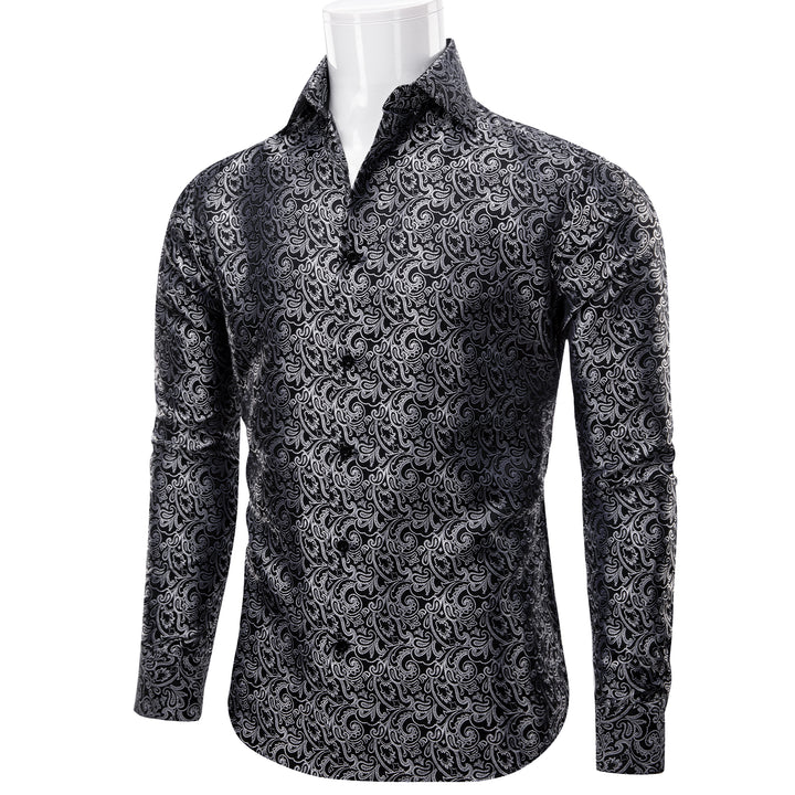  Long Sleeve Shirt Black Grey Floral Leaf Men's Button Shirt