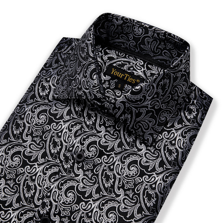  Long Sleeve Shirt Black Grey Floral Leaf Men's Button Shirt