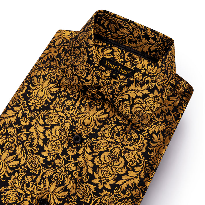  Golden Shirt Black Jacquard Floral Leaf Men Long Sleeve Shirt