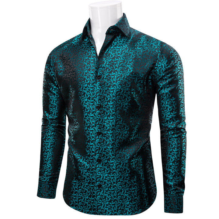 Teal Green Nile Blue Black Floral Leaf Mens Long Sleeve Shirt