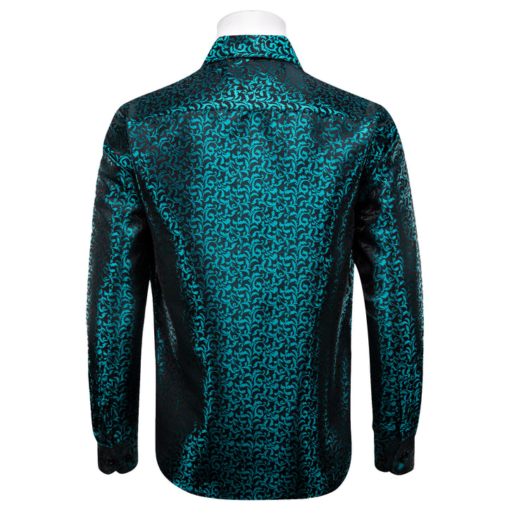 Teal Green Nile Blue Black Floral Leaf Mens Long Sleeve Shirt