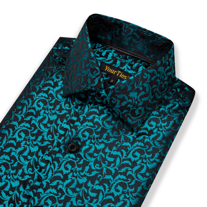 Teal Green Nile Blue Black Floral Leaf Mens Long Sleeve Shirt