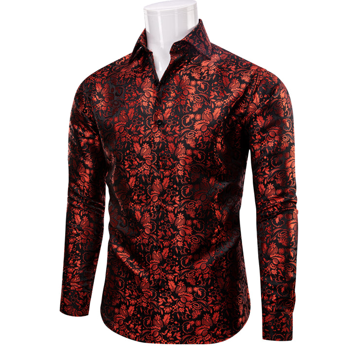  Red Shirt Black Floral Leaf Men's Long Sleeve Dress Shirt