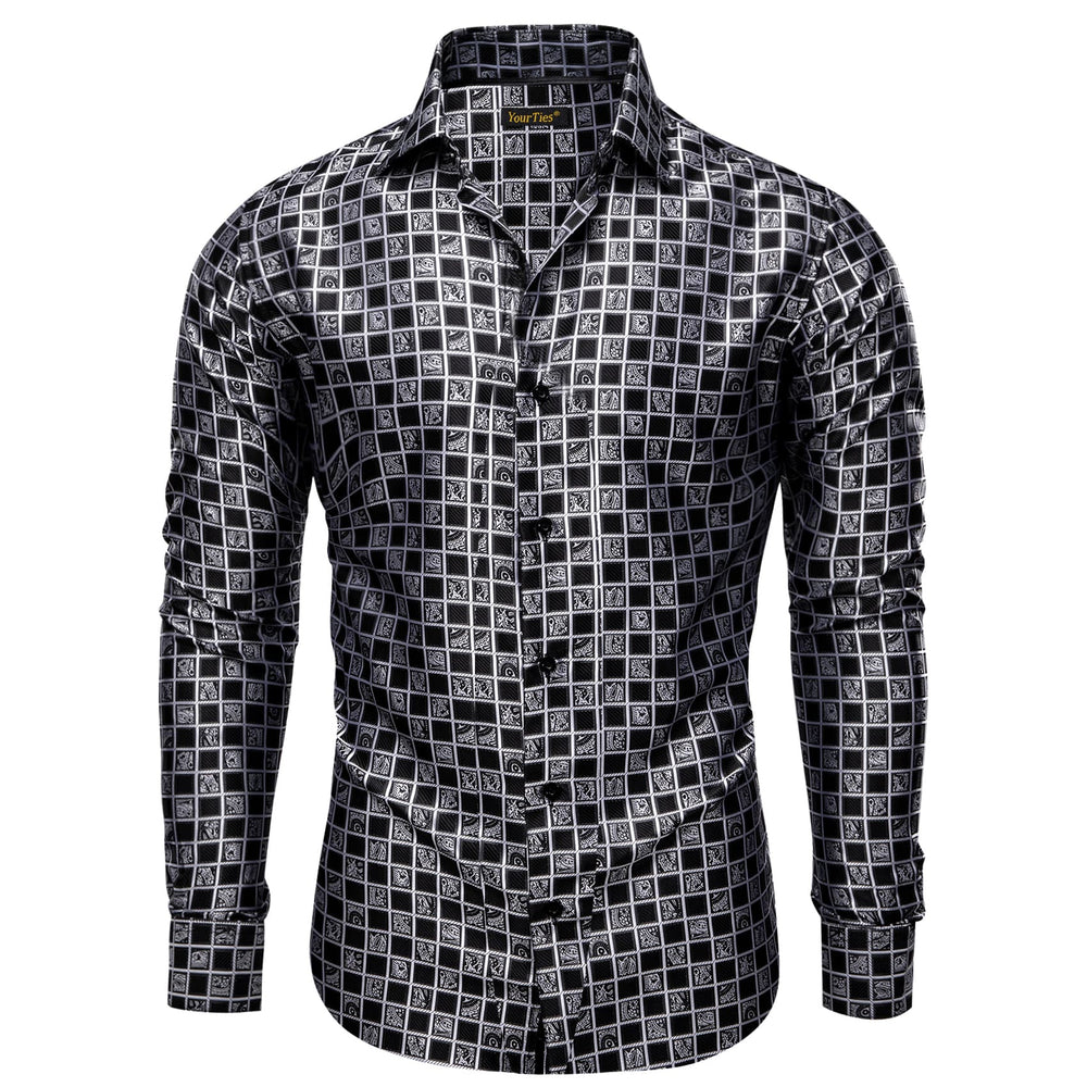 YourTiesBlackWhiteCheckeredNoveltyJacquardButtonUpSilkShirt