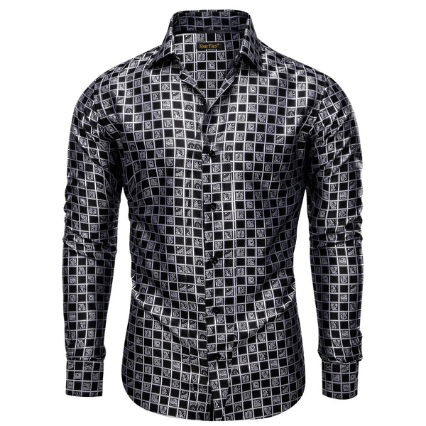 YourTies Black White Checkered Novelty Jacquard Button Up Silk Shirt mens floral shirts