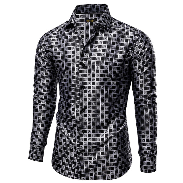 YourTies Black White Checkered Novelty Jacquard Button Up Silk Shirt
