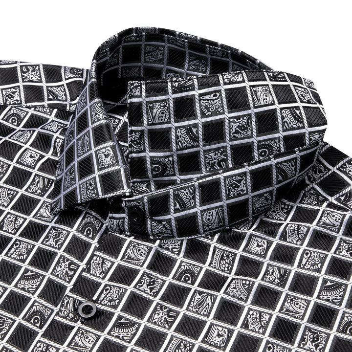 YourTies Black White Checkered Novelty Jacquard Button Up Silk Shirt