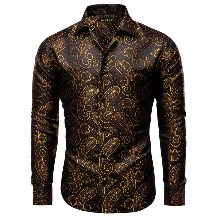 YourTies Long Sleeve Shirt Black Gold Paisley Windsor Collar Men Shirt