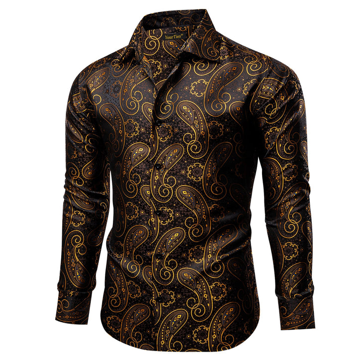 YourTies Long Sleeve Shirt Black Gold Paisley Windsor Collar Men Shirt