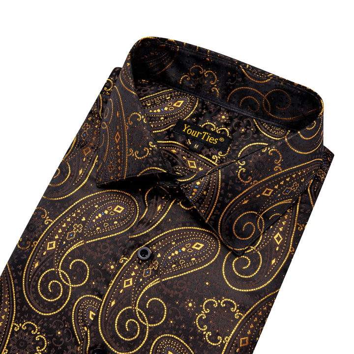 YourTies Long Sleeve Shirt Black Gold Paisley Windsor Collar Men Shirt