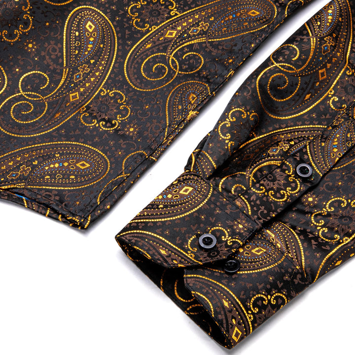 YourTies Long Sleeve Shirt Black Gold Paisley Windsor Collar Men Shirt