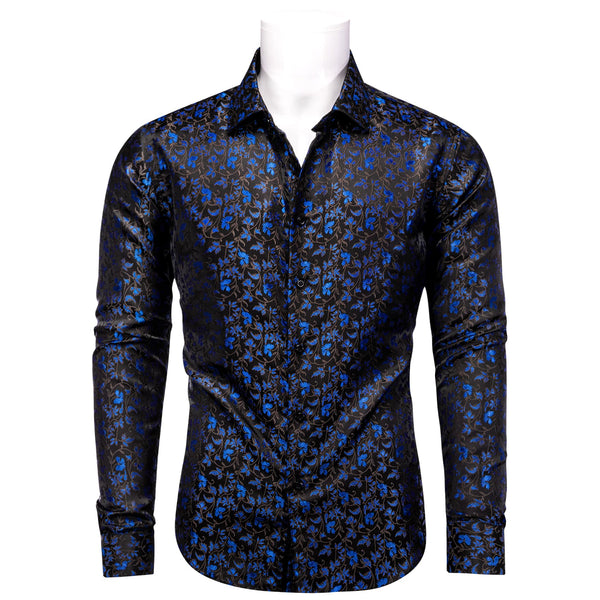 Black Mens Top Blue Floral Jacquard Long Sleeve Dinner Shirt