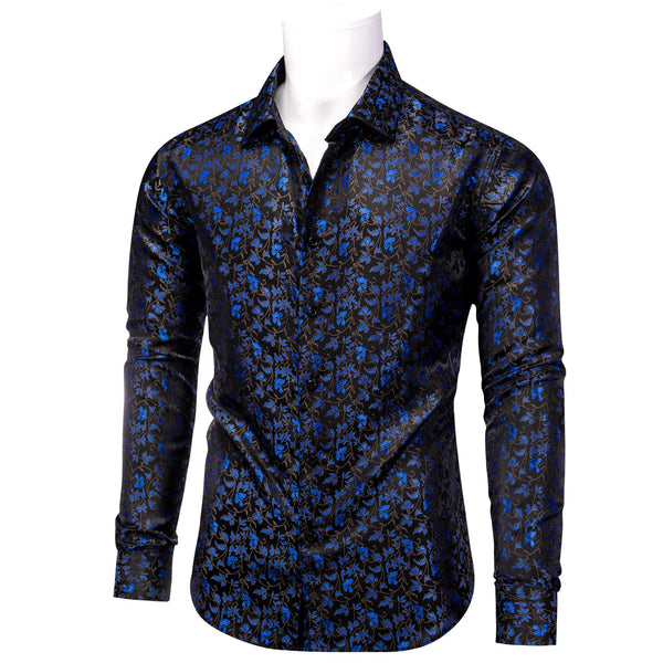Black Mens Top Blue Floral Jacquard Long Sleeve Dinner Shirt