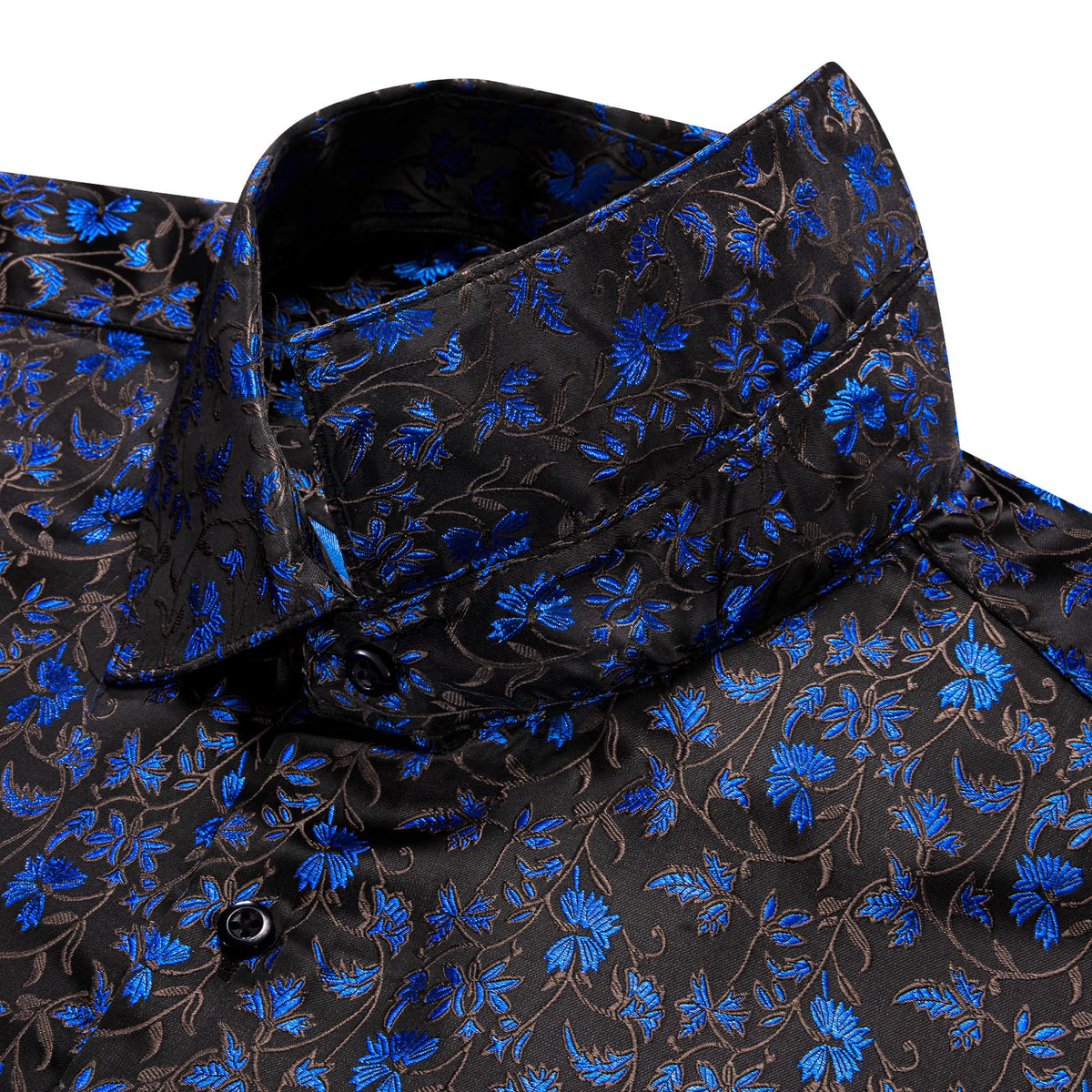 Black Mens Top Blue Floral Jacquard Long Sleeve Dinner Shirt