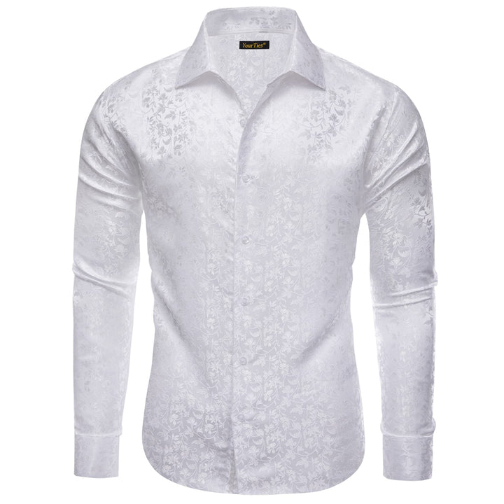 White Shirt Jacquard Floral Long Sleeve Dress Shirt for Men