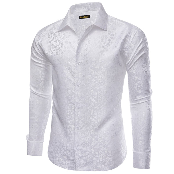 White Shirt Jacquard Floral Long Sleeve Dress Shirt for Men