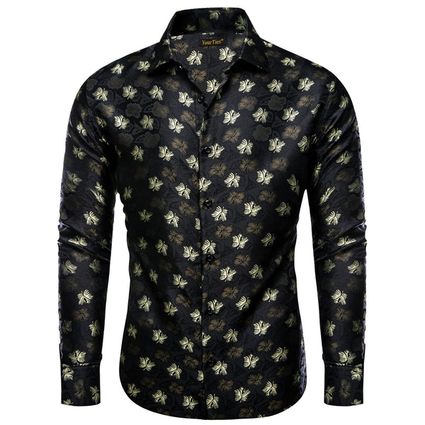 Black Shirt Jacquard Beige Tan Floral  Men's Button Up Shirt