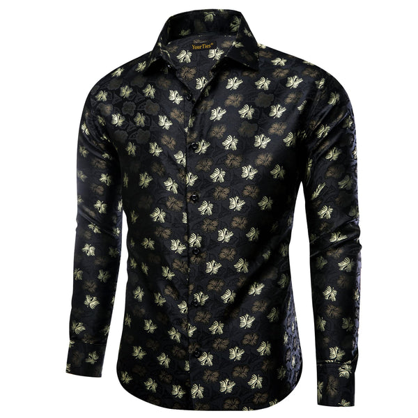 Black Shirt Jacquard Beige Tan Floral  Men's Button Up Shirt