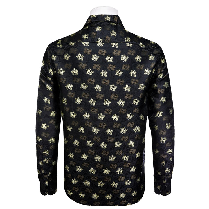 Black Shirt Jacquard Beige Tan Floral  Men's Button Up Shirt