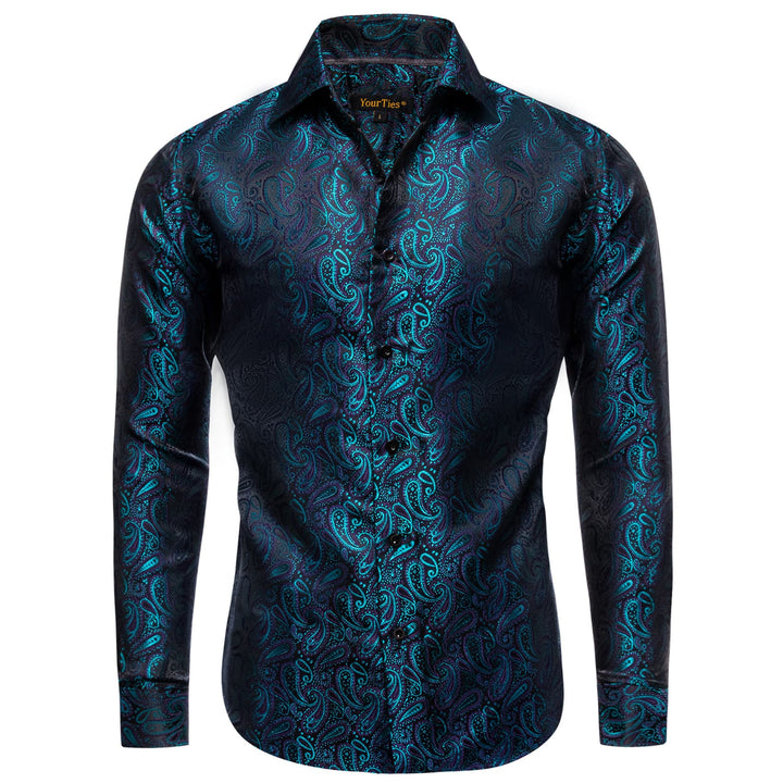 Long Sleeve Shirts Teal Blue Jacquard Paisley Men's Shirt