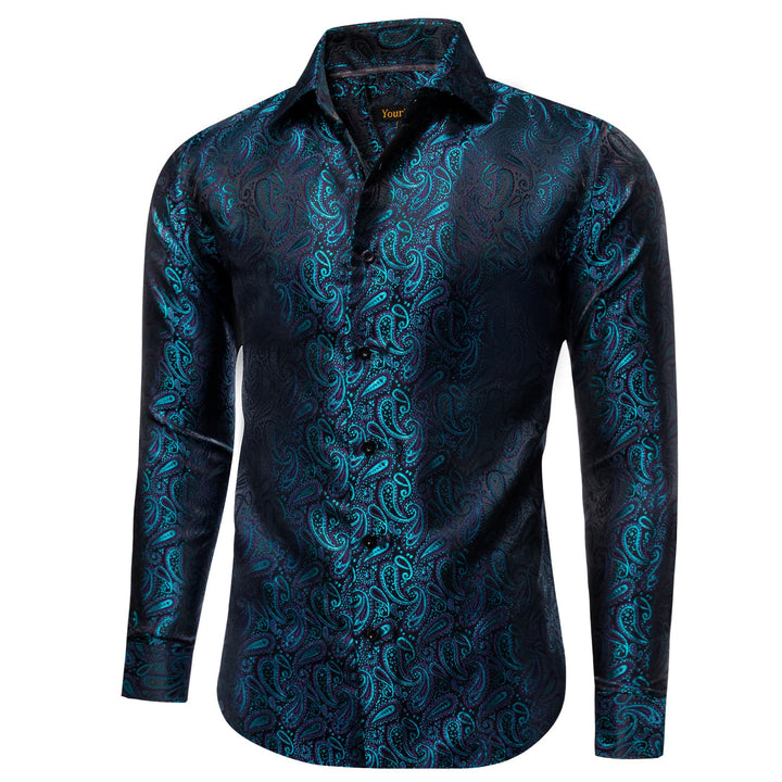  Long Sleeve Shirts Teal Blue Jacquard Paisley Men's Shirt