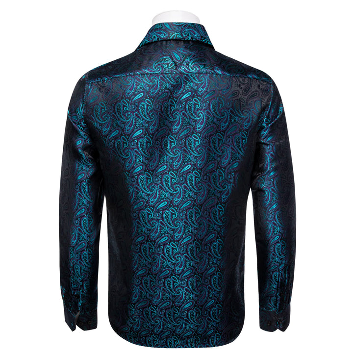  Long Sleeve Shirts Teal Blue Jacquard Paisley Men's Shirt