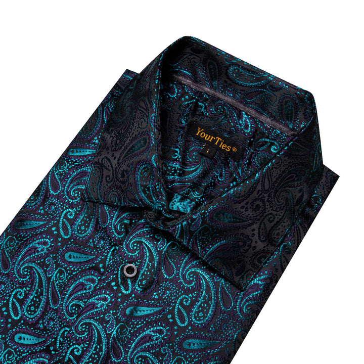  Long Sleeve Shirts Teal Blue Jacquard Paisley Men's Shirt