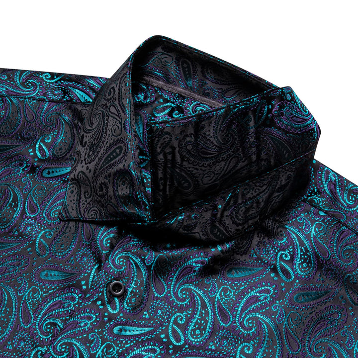  Long Sleeve Shirts Teal Blue Jacquard Paisley Men's Shirt