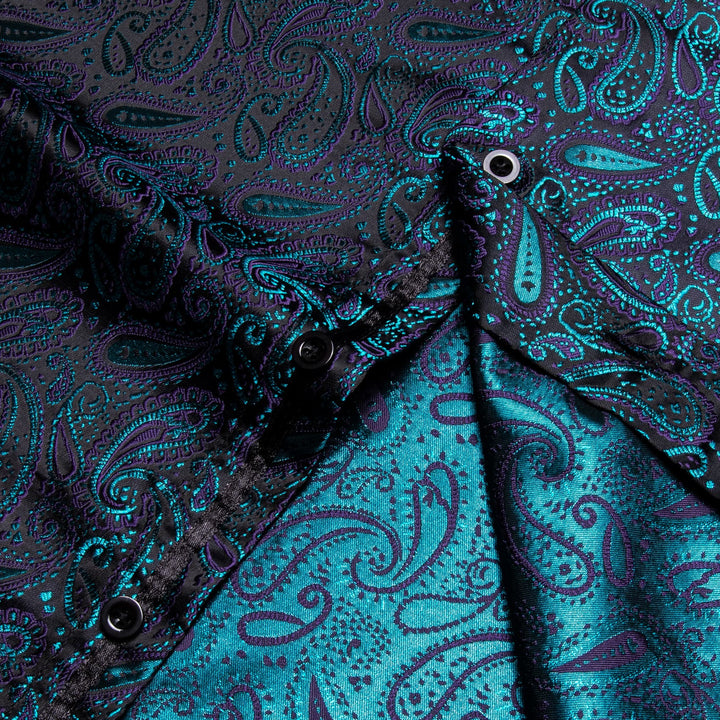  Long Sleeve Shirts Teal Blue Jacquard Paisley Men's Shirt