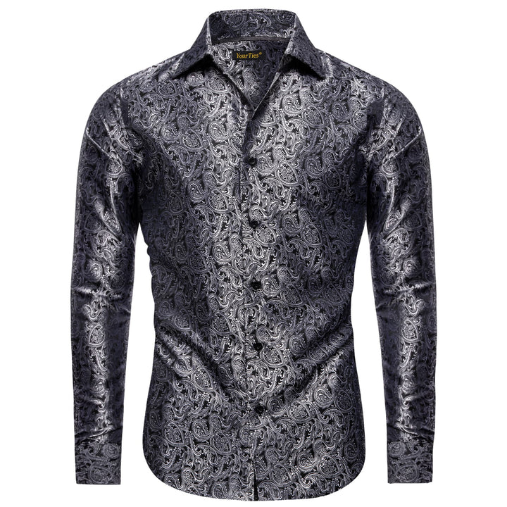 Long Sleeve Shirts Black Top Silver Jacquard Paisley Shirt