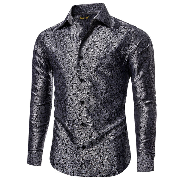 Long Sleeve Shirts Black Top Silver Jacquard Paisley Shirt