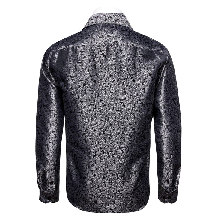 Long Sleeve Shirts Black Top Silver Jacquard Paisley Shirt