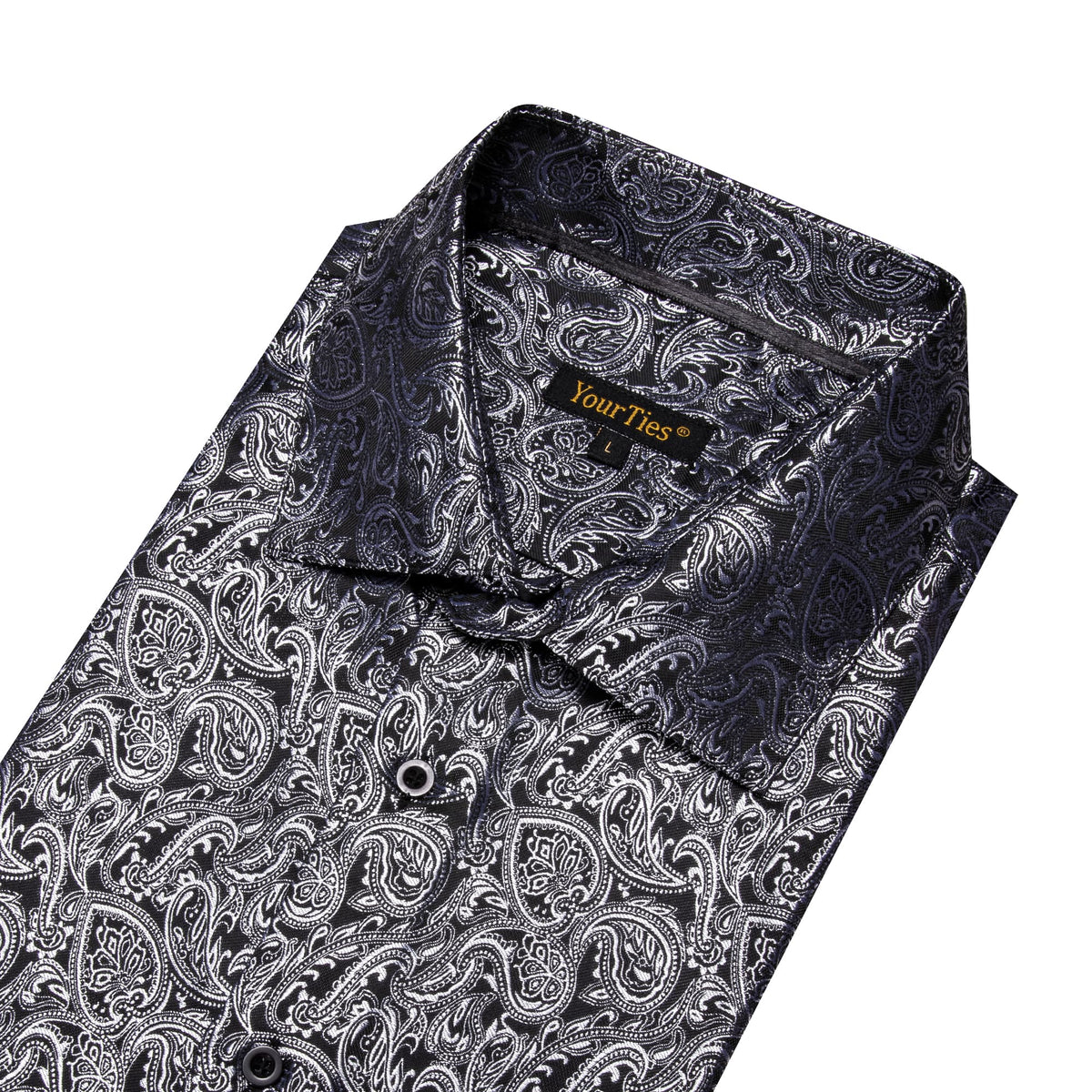 Long Sleeve Shirts Black Top Silver Jacquard Paisley Shirt