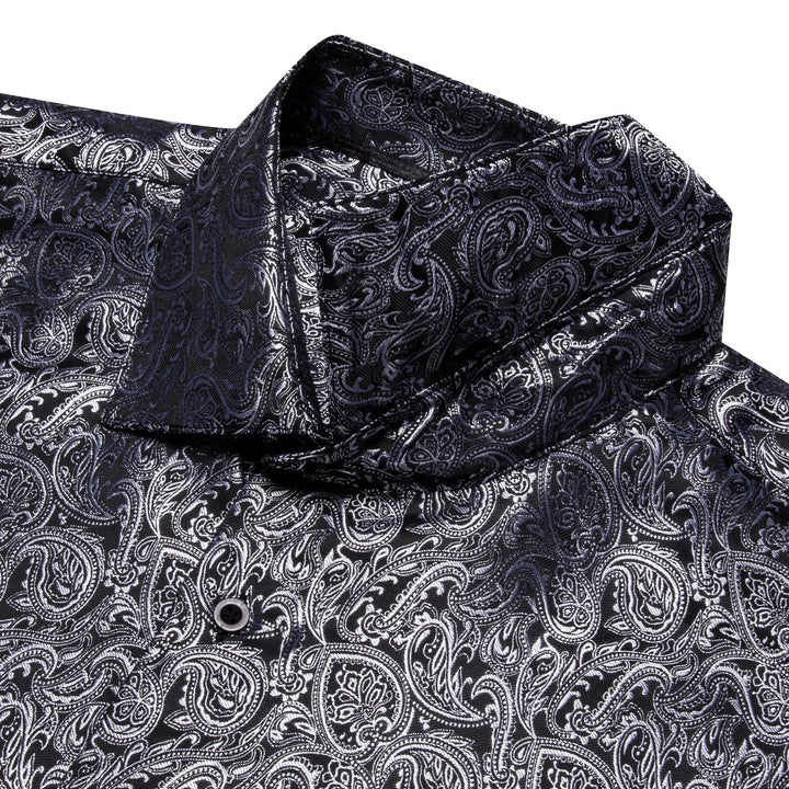 Long Sleeve Shirts Black Top Silver Jacquard Paisley Shirt