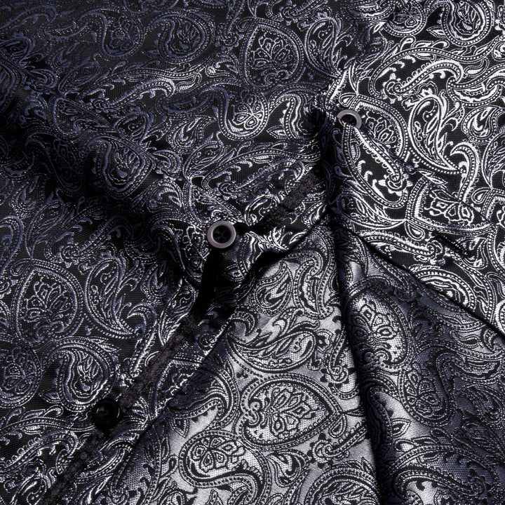 Long Sleeve Shirts Black Top Silver Jacquard Paisley Shirt