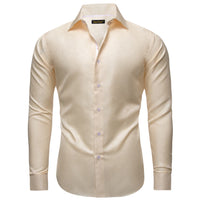 Cream White Long Sleeve Shirt Men's Silk Light Yellow Top