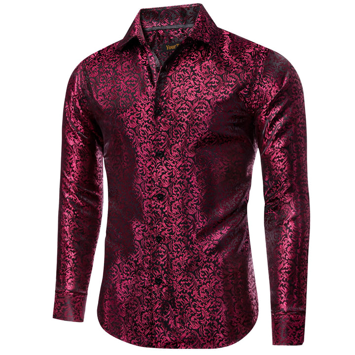 Deep Carmine Black Shirt Floral Jacquard Windsor Collar Top