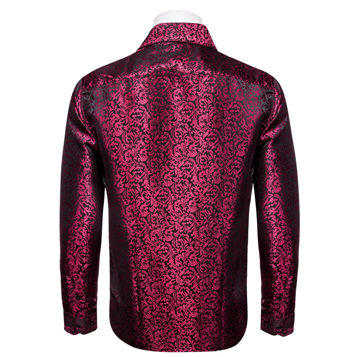 Deep Carmine Black Shirt Floral Jacquard Windsor Collar Top