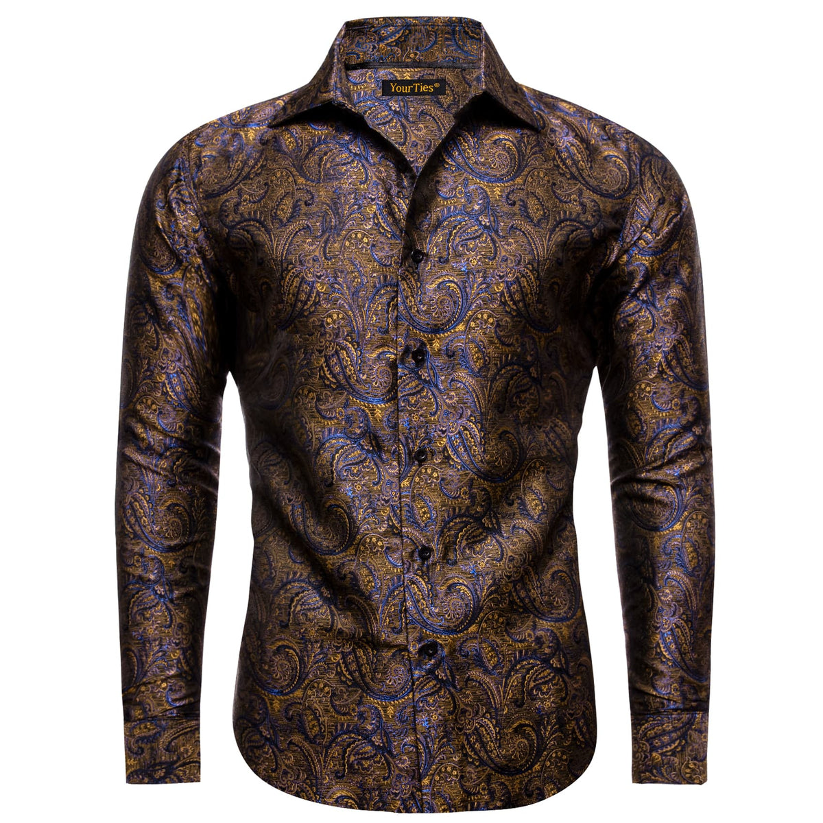 Long Shirt Brown Blue Yellow Jacquard Button Silk Dress Shirt