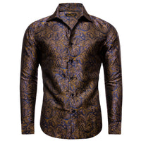 Long Shirt Brown Blue Yellow Jacquard Button Silk Dress Shirt