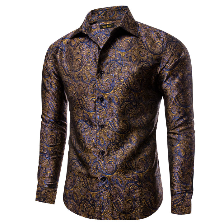 Long Shirt Brown Blue Yellow Jacquard Button Silk Dress Shirt