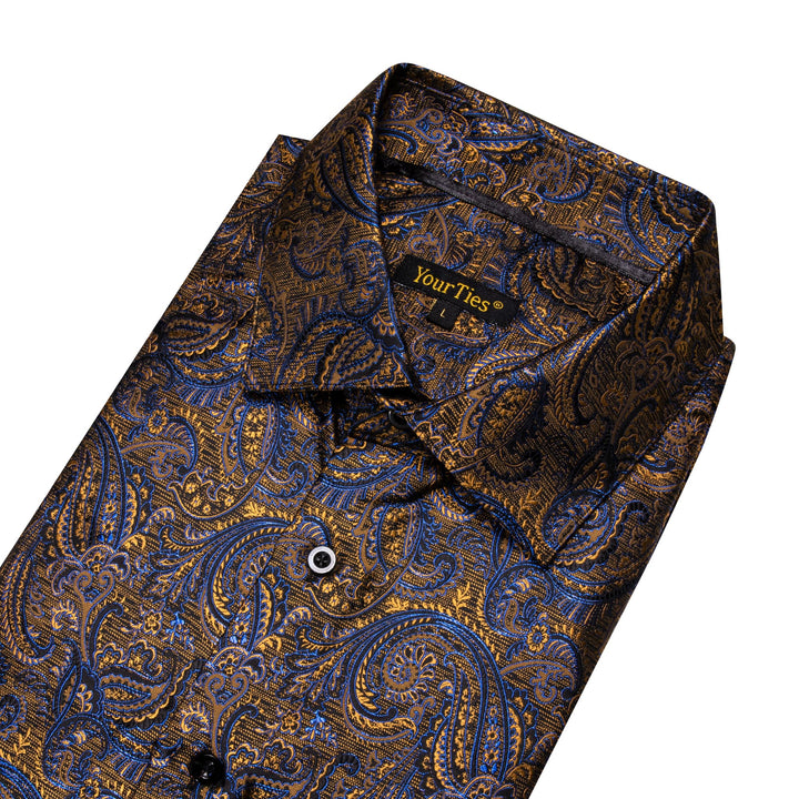 Long Shirt Brown Blue Yellow Jacquard Button Silk Dress Shirt