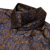 Long Shirt Brown Blue Yellow Jacquard Button Silk Dress Shirt