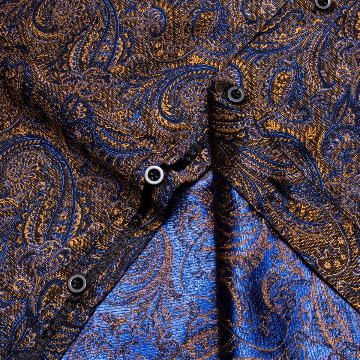 Long Shirt Brown Blue Yellow Jacquard Button Silk Dress Shirt